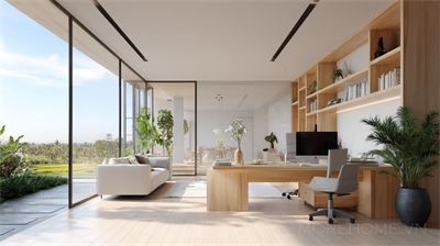 Văn phòng tối giản hiện đại với tầm nhìn ra cánh đồng lúa Bali...