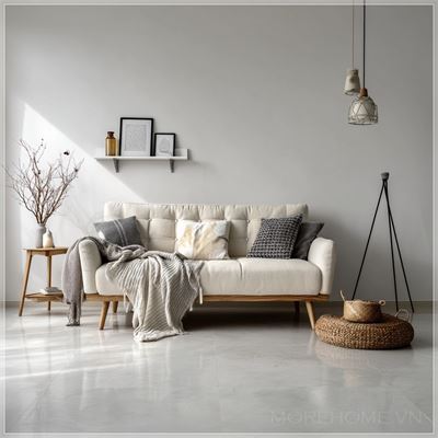 Phòng khách hygge với sàn trắng liền mạch...