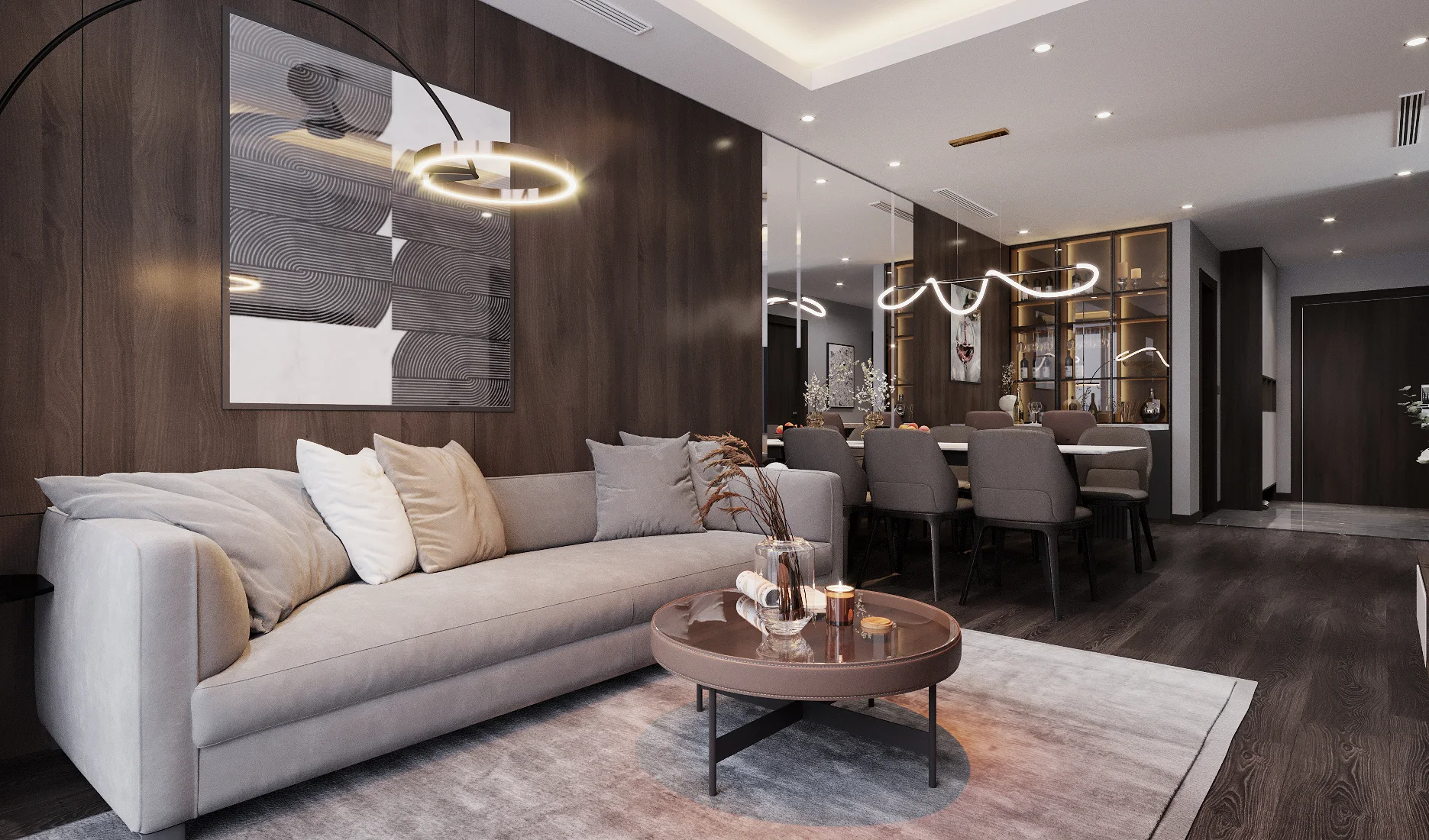 Sofa dài cạnh vách ốp gỗ phẳng